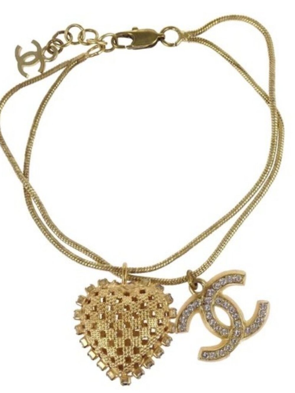 Chanel Heart CC Chain Bracelet Gold Rhinestone 01P 194925